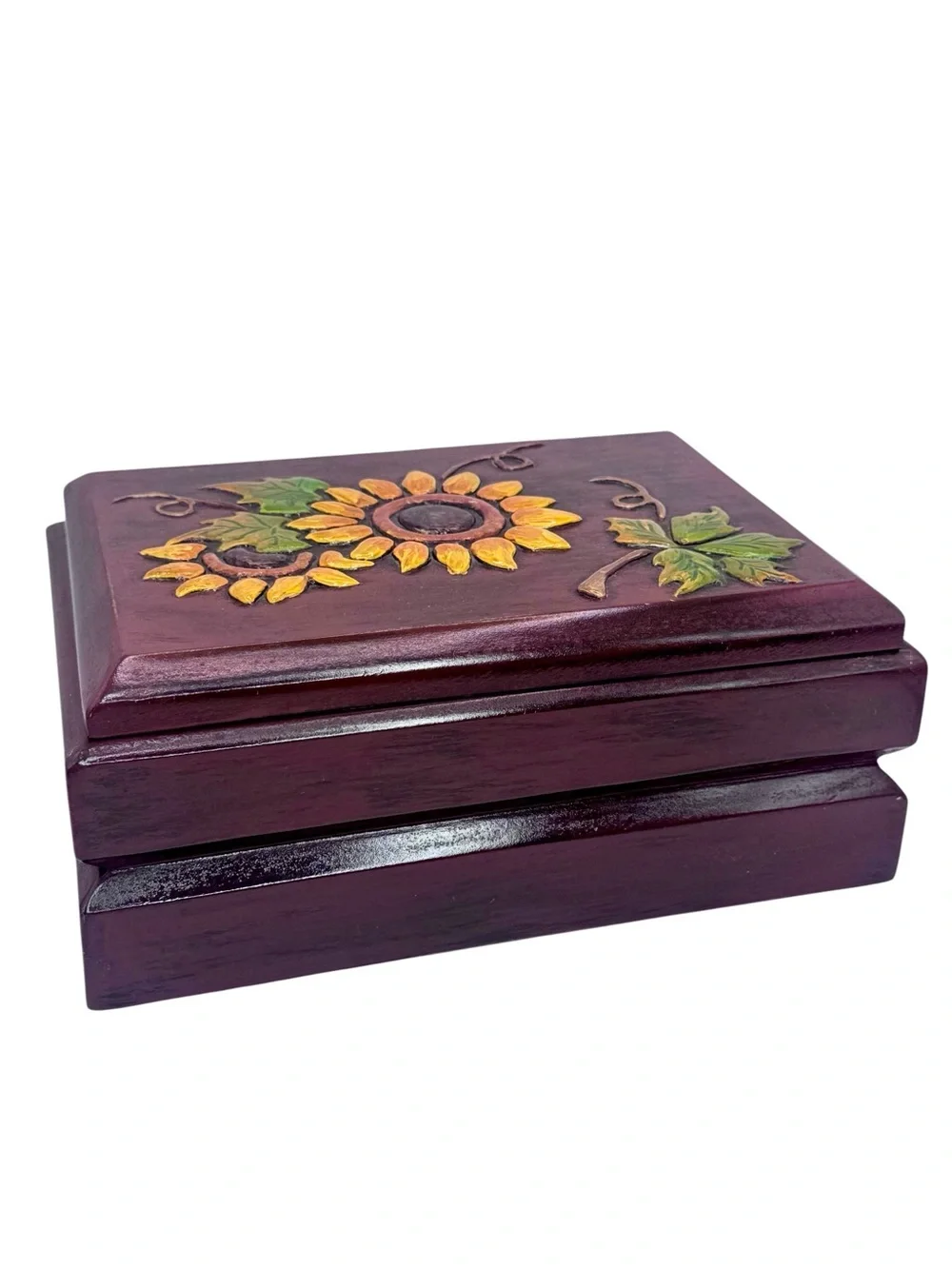 Wooden Sunflower Tea Box Jewelry Keepsake Hand Painted Folk Art Boho Country 10”